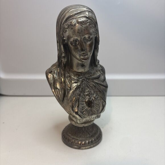 Antique Silver Plated Madonna SC De Maria Bust  Religious Statue About 7” H - Picture 1 of 11